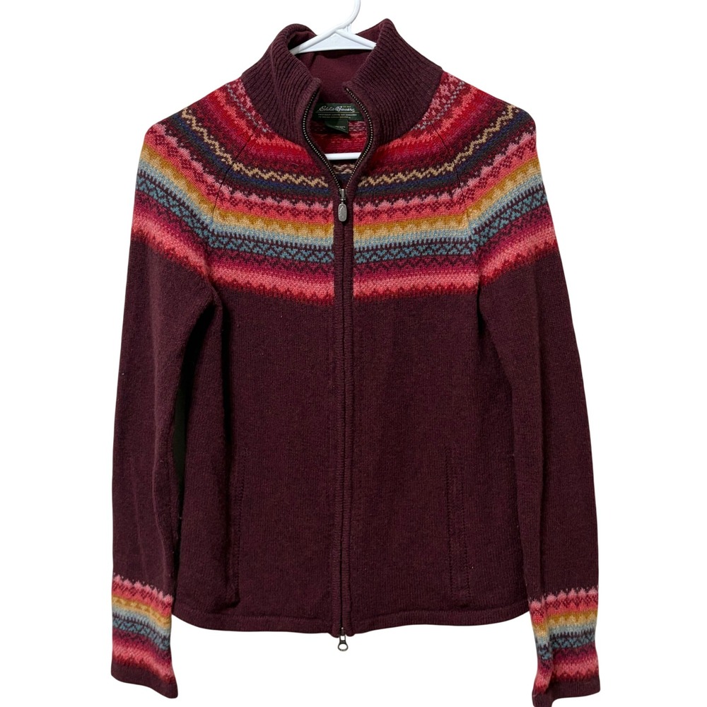Eddie Bauer Womens Small Lambswool Fair Isle Full Zip Cardigan Sweater Burgundy
